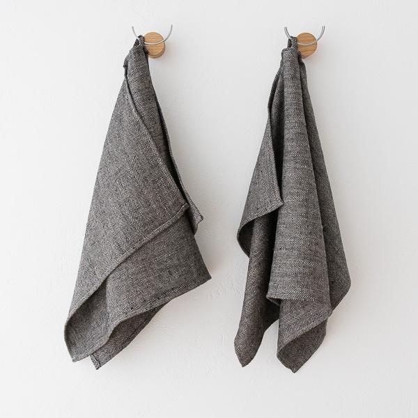 linenme Set of 2 Black Natural Linen Hand Towels Chevron