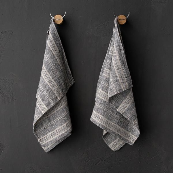 Linenme Set Of 2 Black Natural Linen Tea Towels Multistripe