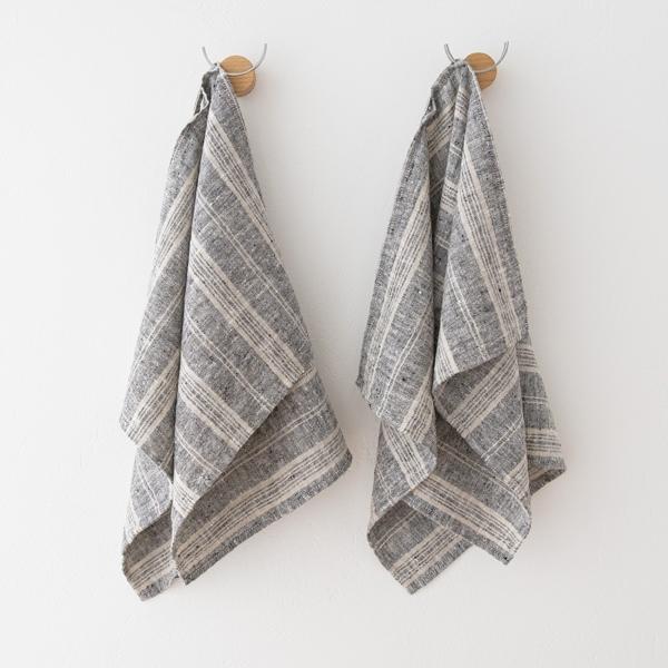 Linenme Set Of 2 Black Natural Linen Tea Towels Multistripe
