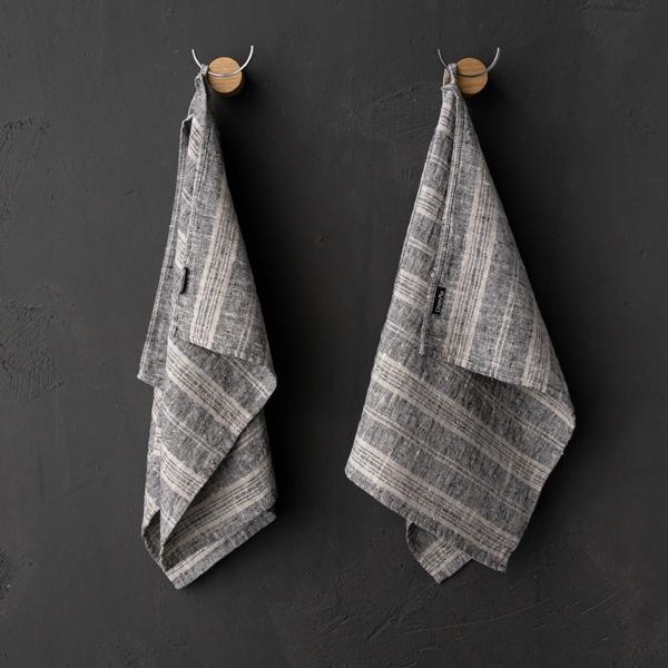 linenme Set of 2 Black Natural Linen Tea Towels Multistripe