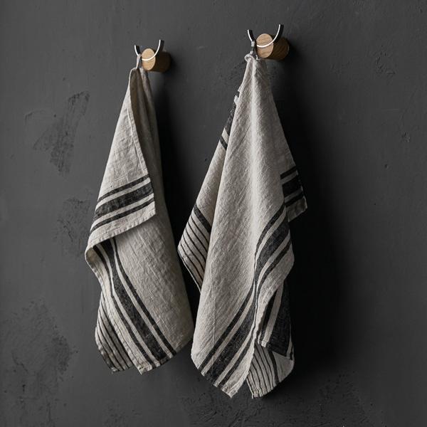 Linenme Set Of 2 Black Natural Striped Linen Tea Towels Provence