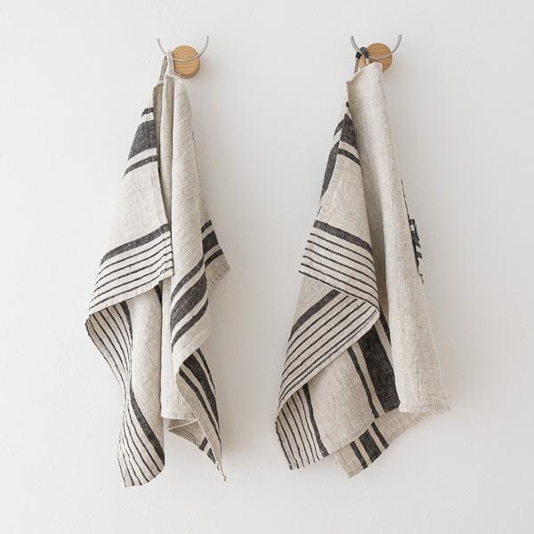 Linenme Set Of 2 Black Natural Striped Linen Tea Towels Provence