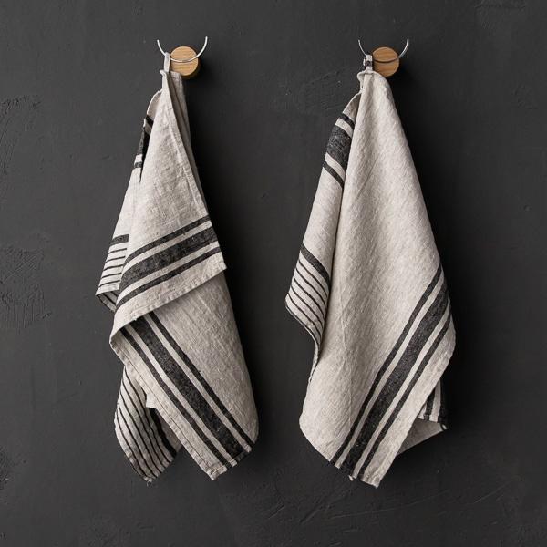 linenme Set of 2 Black Natural Striped Linen Tea Towels Provence