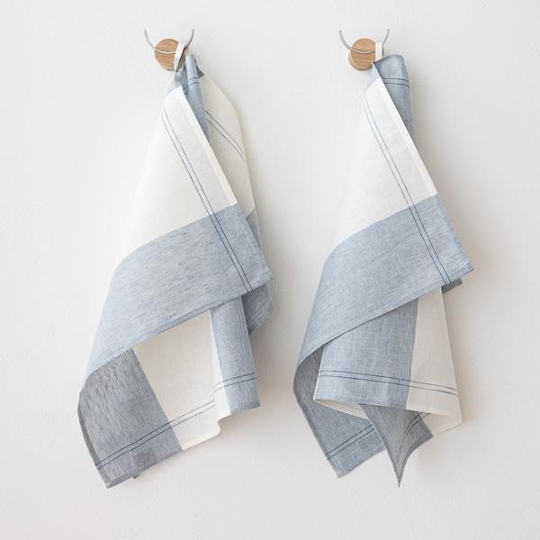 linenme Set of 2 Blue Cinque Linen Cotton Kitchen Towels Florence