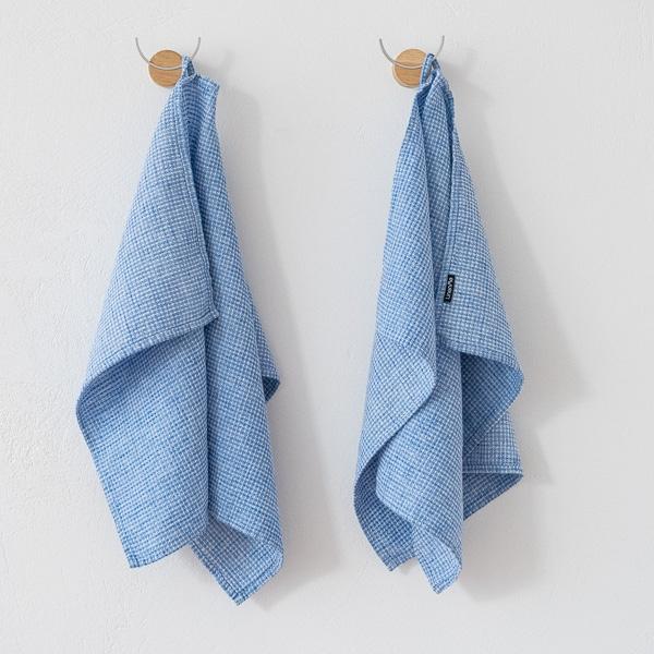 Linenme Set Of 2 Blue Linen Cotton Hand Towels Wafer Washed