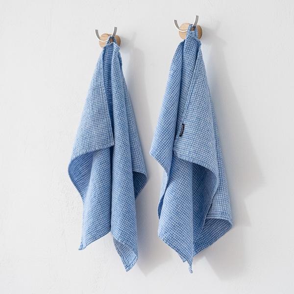 Linenme Set Of 2 Blue Linen Cotton Hand Towels Wafer Washed
