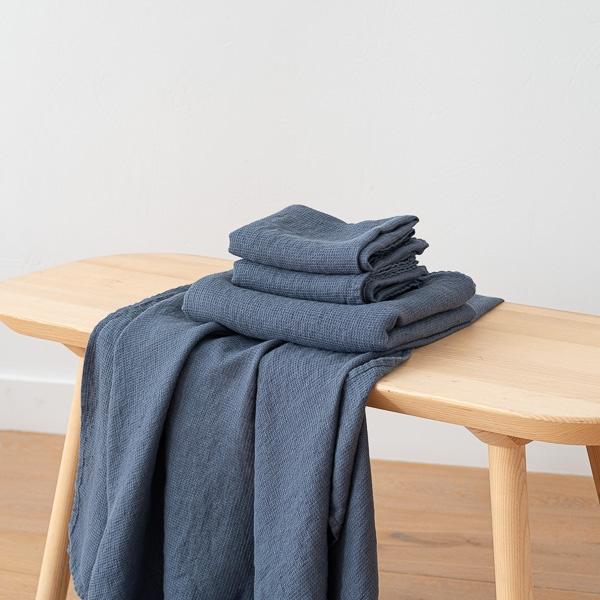 Linenme Set Of 2 Blue Linen Waffle Hand Towels Washed
