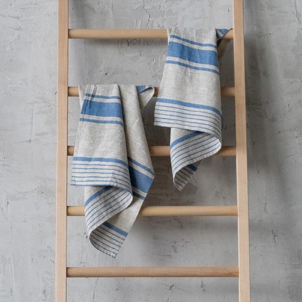 Linenme Set Of 2 Blue Natural Striped Linen Tea Towels Provence