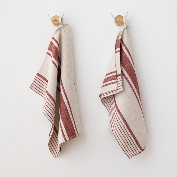 linenme Set of 2 Cherry Striped Linen Tea Towels Provence