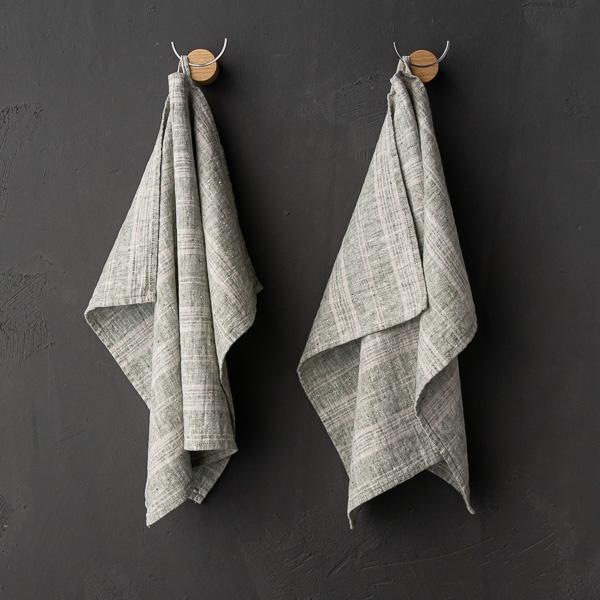 linenme Set of 2 Forest Green Natural Linen Tea Towels Multistripe