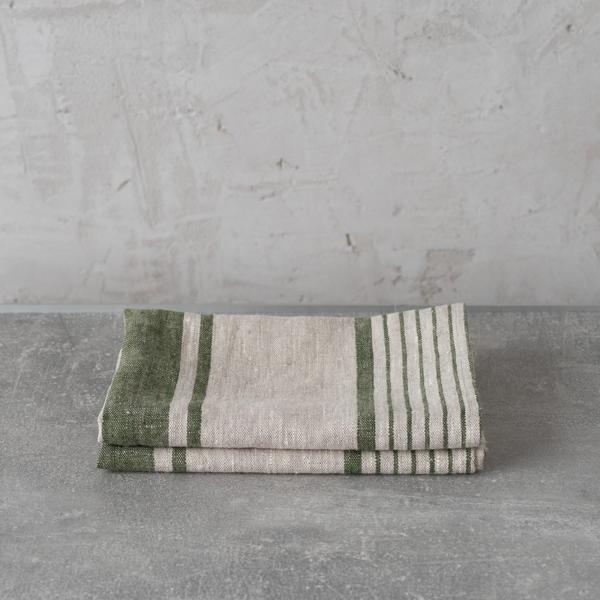 Linenme Set Of 2 Forest Green Natural Striped Linen Hand And Guest Towels Provence