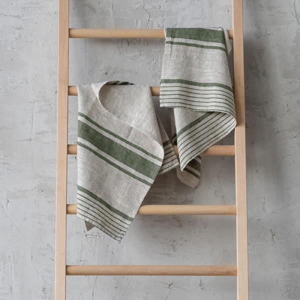Linenme Set Of 2 Forest Green Natural Striped Linen Hand And Guest Towels Provence