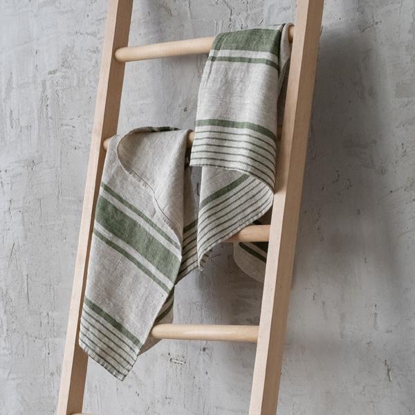 Linenme Set Of 2 Forest Green Natural Striped Linen Tea Towels Provence