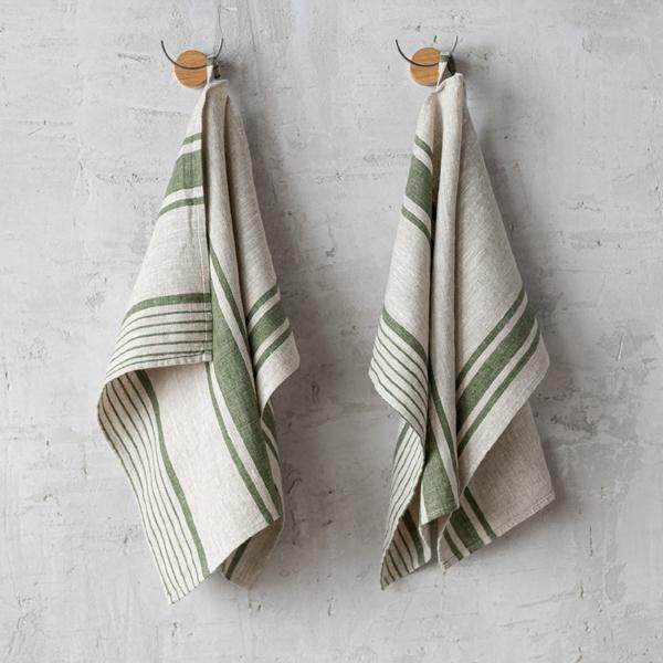 linenme Set of 2 Forest Green Natural Striped Linen Tea Towels Provence