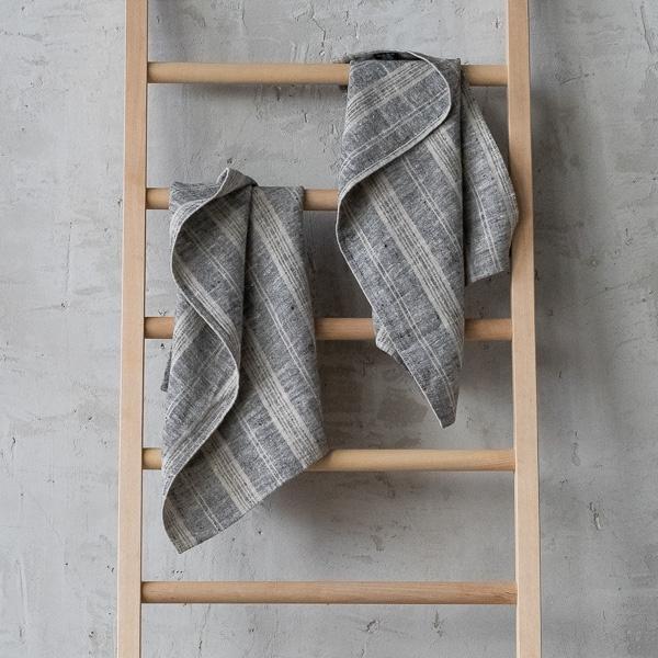 Linenme Set Of 2 Hand And Guest Towels Black Multi Striped Linen