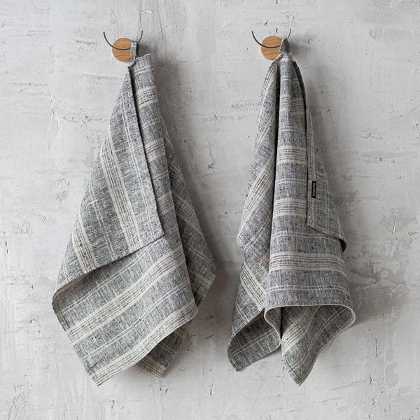 linenme Set of 2 Hand and Guest Towels Black Multi Striped Linen