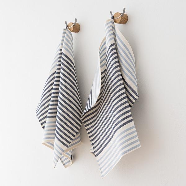 Linenme Set Of 2 Hand And Guest Towels Navy And Light Blue Linen Twill