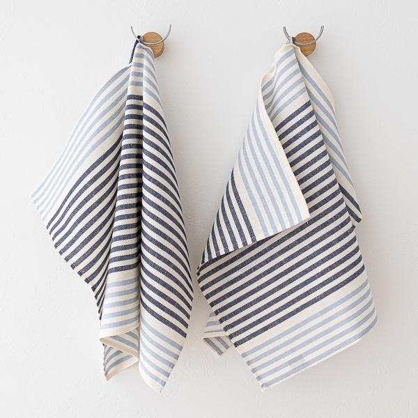 linenme Set of 2 Hand and Guest Towels Navy and Light Blue Linen Twill