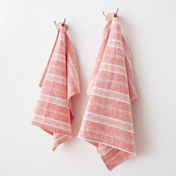 Linenme Set Of 2 Hand And Guest Towels Red White Linen Multistripe