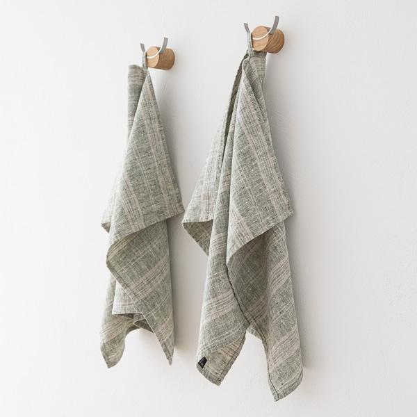 Linenme Set Of 2 Hand Towels Forest Green Natural Linen Multistripe