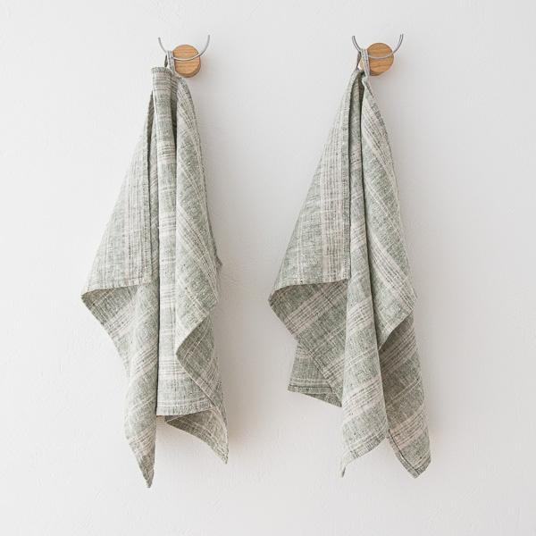 linenme Set of 2 Hand Towels Forest Green Natural Linen Multistripe
