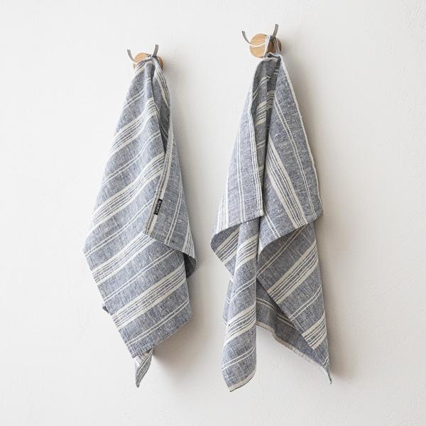 Linenme Set Of 2 Hand Towels Indigo White Linen Multistripe