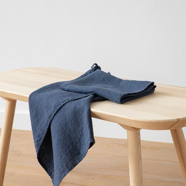 Linenme Set Of 2 Indigo Linen Waffle Hand Towels Washed