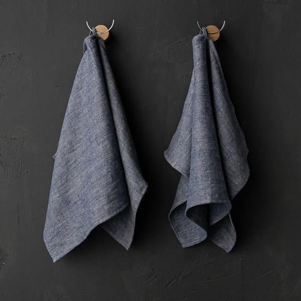 linenme Set of 2 Indigo Natural Linen Tea Towels Chevron