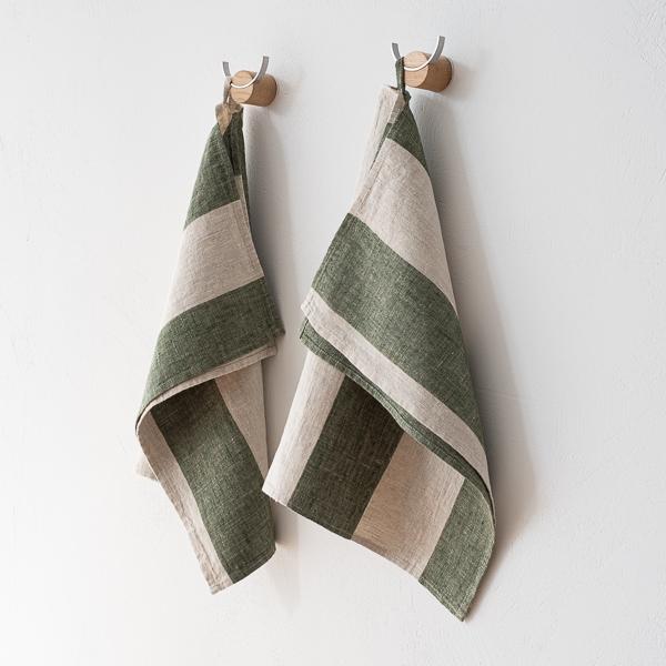 Linenme Set Of 2 Linen Hand Towels Forest Green Natural Venice