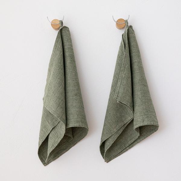 linenme Set of 2 Linen Tea Towels Forest Green Chevron