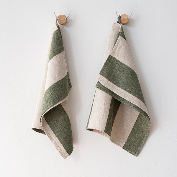 linenme Set of 2 Linen Tea Towels Forest Green Natural Venice