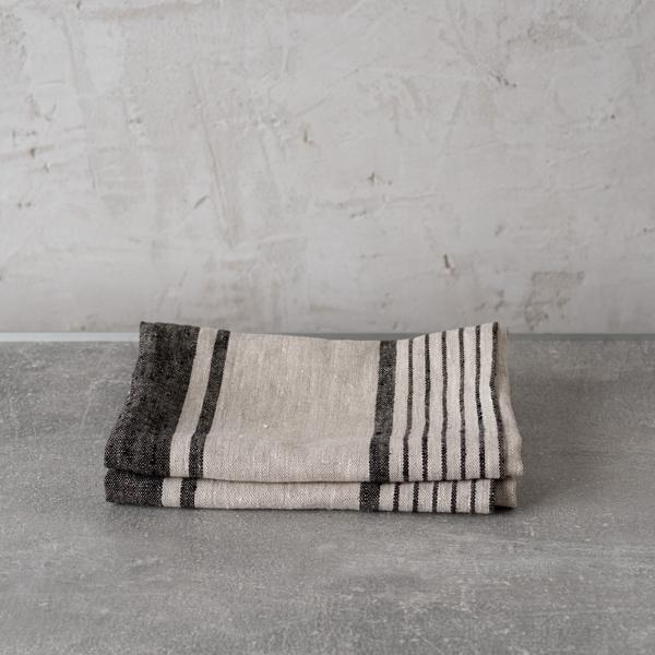 Linenme Set Of 2 Natural Black Striped Linen Tea Towels Provence