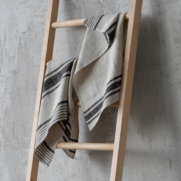 Linenme Set Of 2 Natural Black Striped Linen Tea Towels Provence