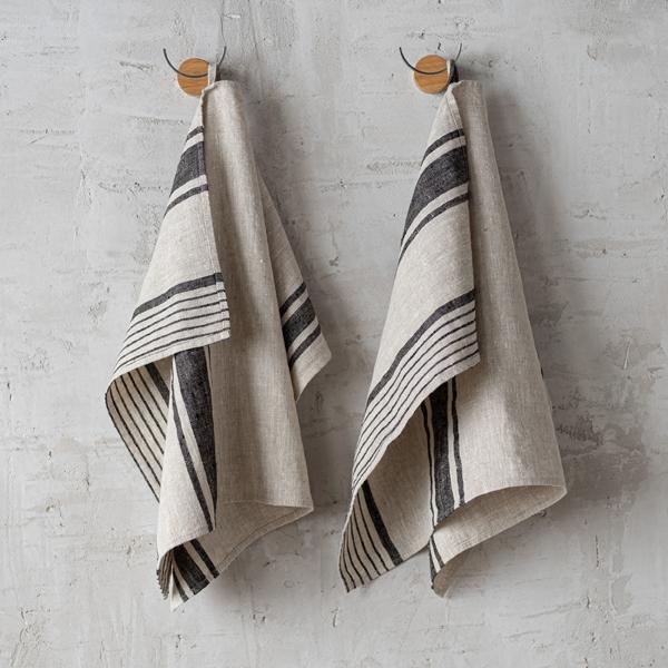 linenme Set of 2 Natural Black Striped Linen Tea Towels Provence