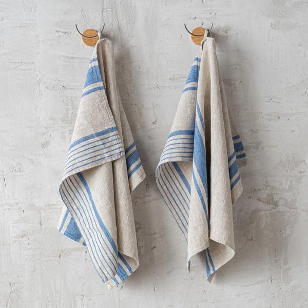 Linenme Set Of 2 Natural Blue Striped Linen Hand And Guest Towels Provence