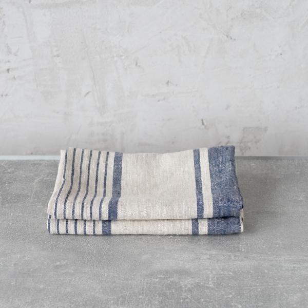 Linenme Set Of 2 Natural Indigo Striped Linen Hand And Guest Towels Provence