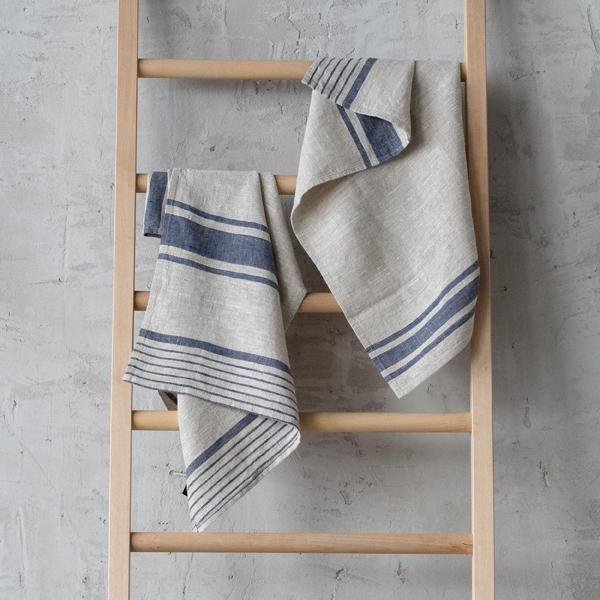 Linenme Set Of 2 Natural Indigo Striped Linen Hand And Guest Towels Provence