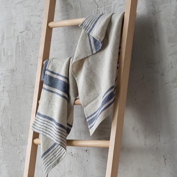 Linenme Set Of 2 Natural Indigo Striped Linen Hand And Guest Towels Provence