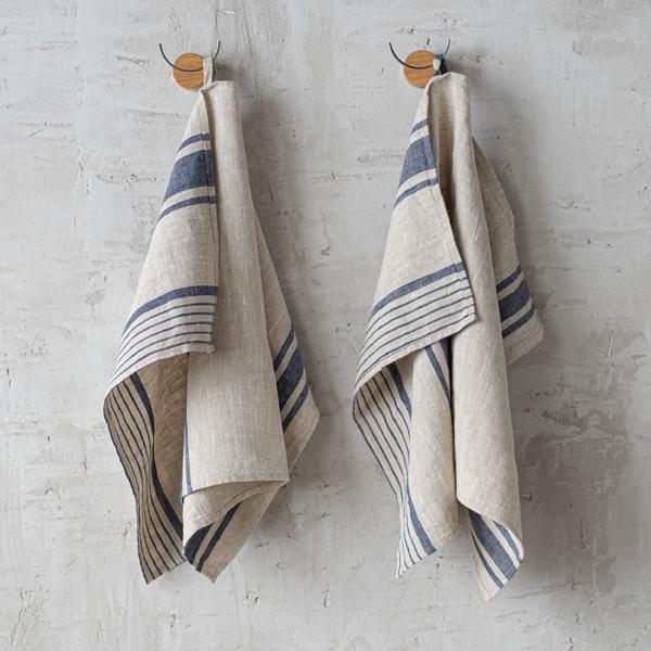 linenme Set of 2 Natural Indigo Striped Linen Hand and Guest Towels Provence