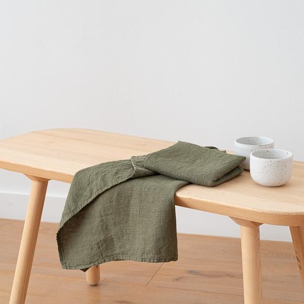 Linenme Set Of 2 Olive Green Linen Waffle Hand Towels Washed