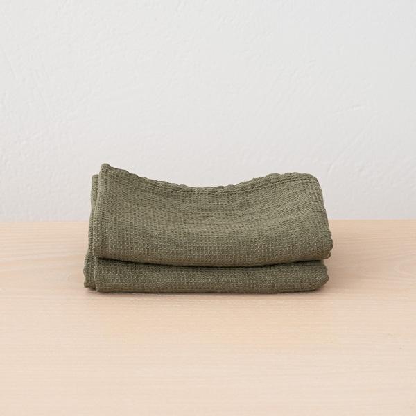 linenme Set of 2 Olive Green Linen Waffle Hand Towels Washed