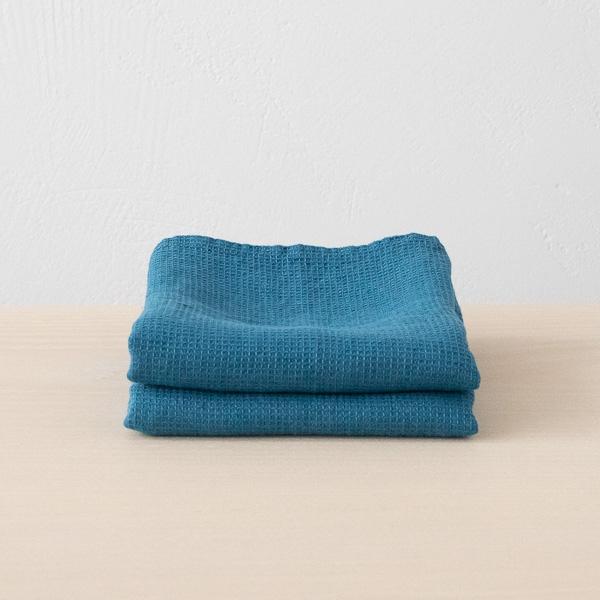 linenme Set of 2 Sea blue Linen Waffle Hand Towels Washed