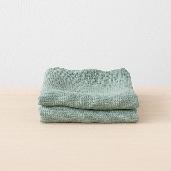 linenme Set of 2 Spa Green Linen Waffle Hand Towels Washed