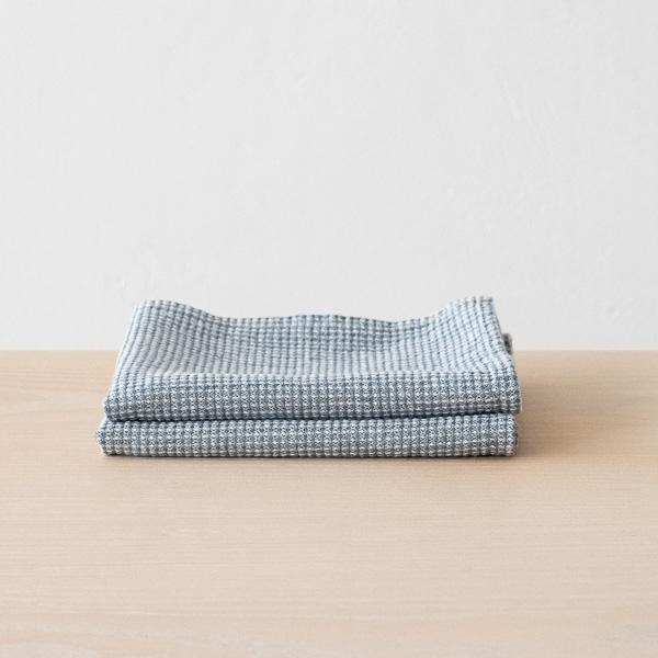linenme Set of 2 Stone Blue Linen Cotton Hand Towels Wafer Washed