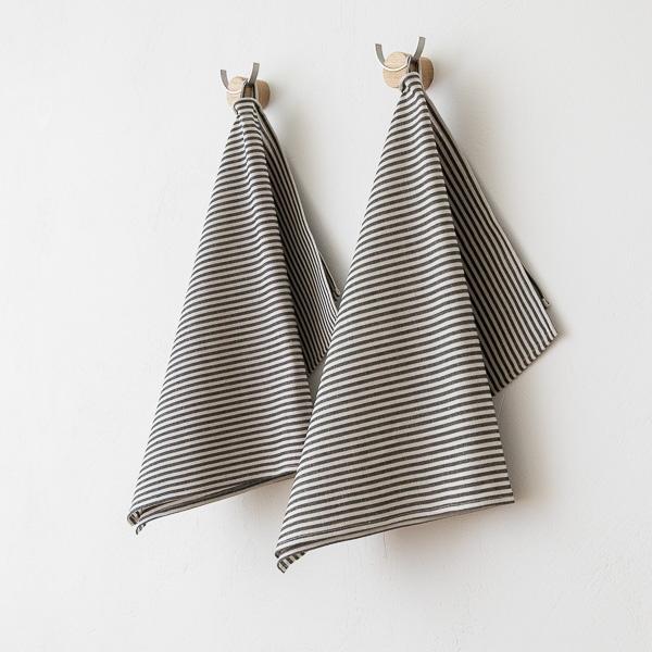 linenme Set of 2 Tea Towels Black Striped Linen Cotton Jazz