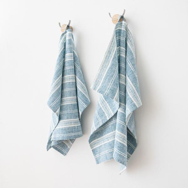 Linenme Set Of 2 Tea Towels Marine Blue Multi Striped Linen