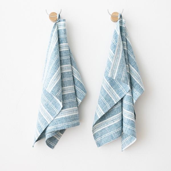 linenme Set of 2 Tea Towels Marine Blue Multi Striped Linen