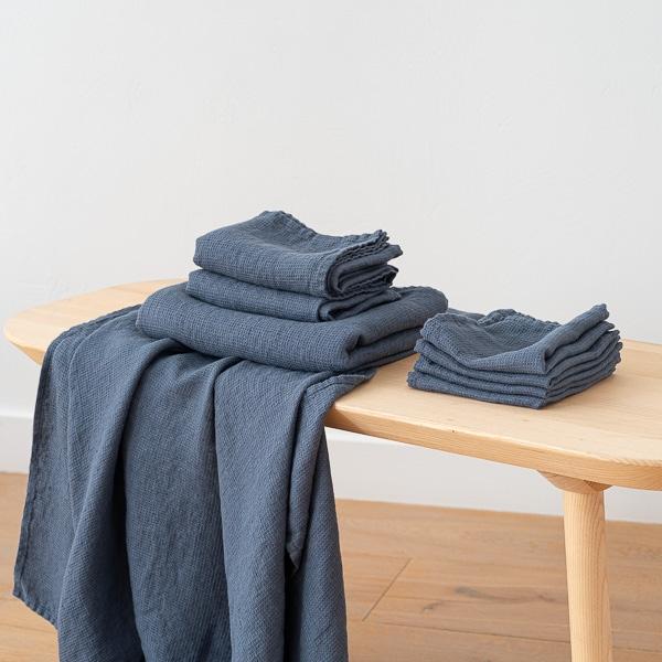 Linenme Set Of 4 Blue Linen Waffle Wash Cloths Washed