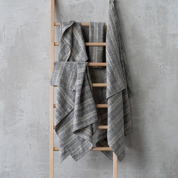 Linenme Set Of Black Natural Linen Bath Towels Multistripe