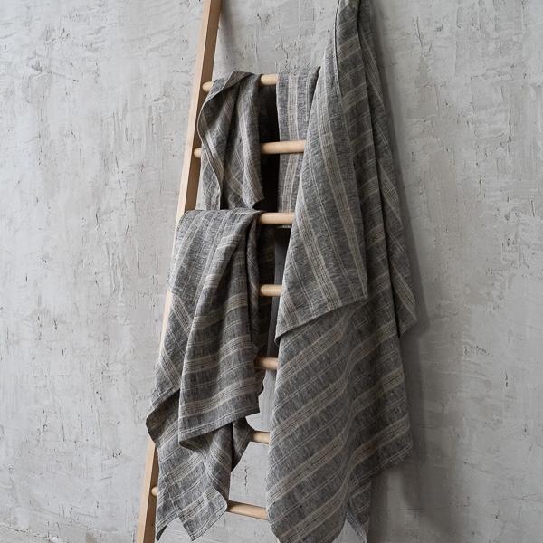 Linenme Set Of Black Natural Linen Bath Towels Multistripe